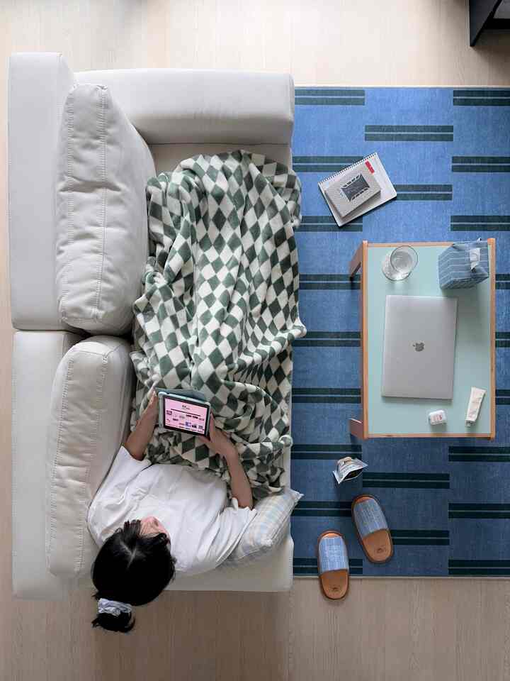 ブルーのラグと白いソファが配置されたモダンで清潔感のあるリビング、ノートパソコンとブランケットのある心地よい空間