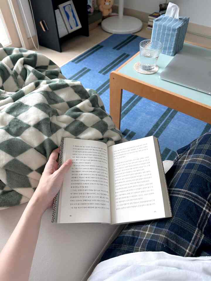 白と青の色調のリビング、ブランケットとコーヒーテーブルが配置されたシンプルで落ち着いた読書空間