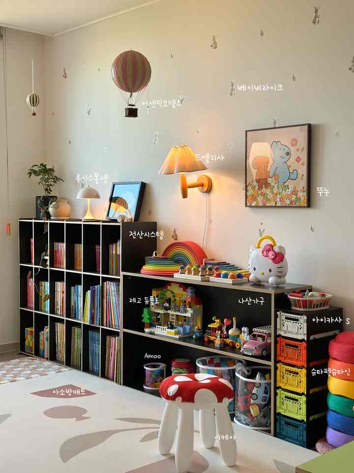 モノトーンの壁と家具が配置された子供部屋、カラフルなおもちゃと収納、かわいいモビールが飾られ、温かい壁照明が印象的な空間