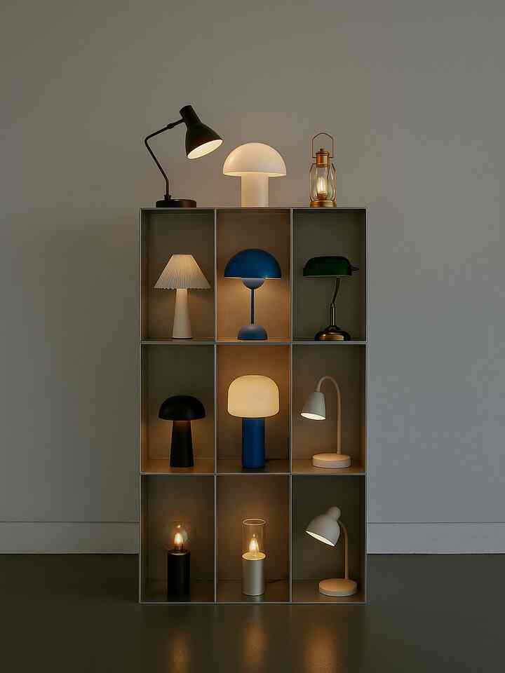 A modern living room style lighting tower featuring various mood table lamps neatly arranged on a silver metal shelf