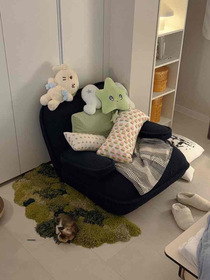 ナチュラルトーンの一人暮らしリビング、黒いソファと複数のクッション、緑のラグが配置された居心地の良い空間