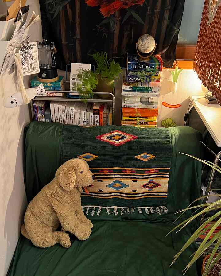 暗いグリーンのソファとヴィンテージ柄のブランケットがある狭い部屋、犬のぬいぐるみ、本棚、植物が配置された雰囲気のあるインテリア