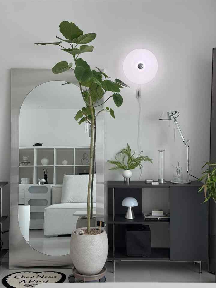 白とグレーのトーンのモダンでミニマルな空間、大きな鏡と植物が配置されている