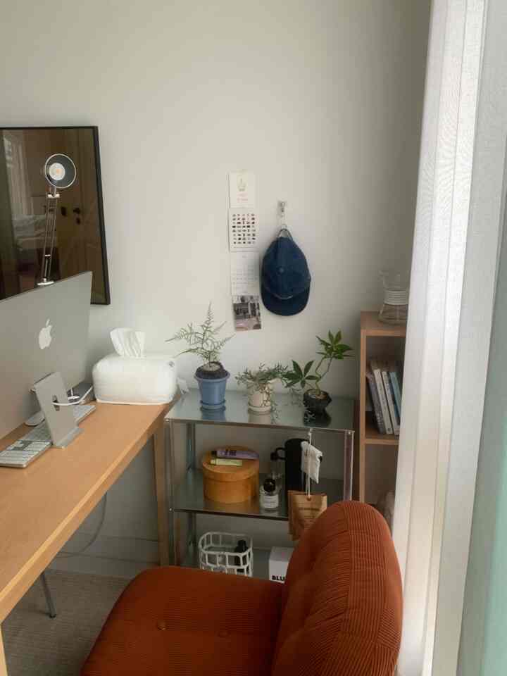 白い壁と茶色の一人用ソファが置かれた小さなホームオフィス、自然な植物と机が配置された落ち着いた雰囲気のインテリア