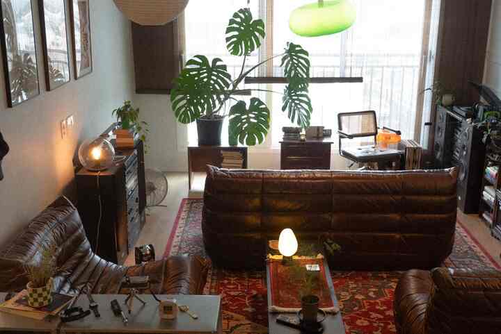 暖かい茶色と赤のトーンのミッドセンチュリーモダンなリビング、 大型ソファとモンステラの植物が配置された自然な雰囲気のインテリア