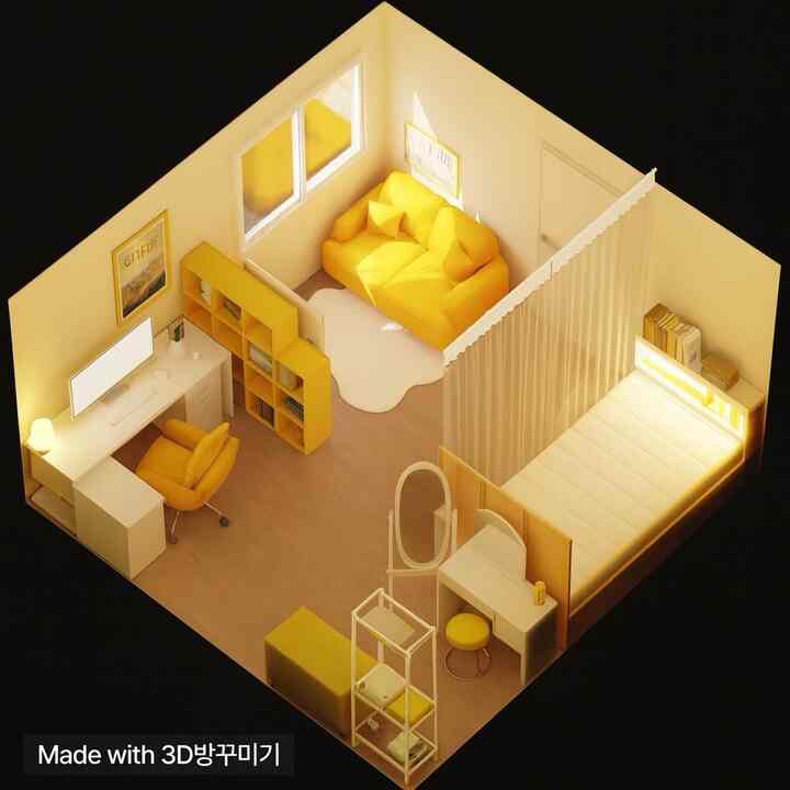 黄色とナチュラルトーンのワンルーム空間で、寝室、ウォークインクローゼット、リビング、書斎が配された温かみのある印象的なインテリア。