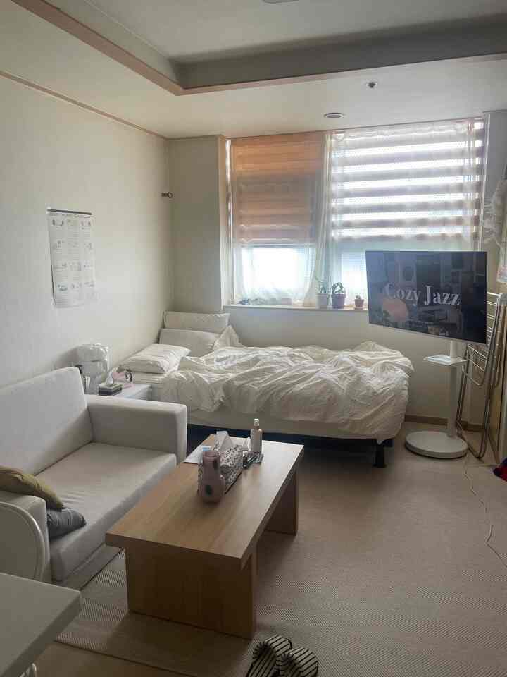 ベージュとホワイトのトーンのコンパクトなワンルーム寝室兼リビング、ソファ、ベッド、テレビ台が配置された自然でシンプルな空間