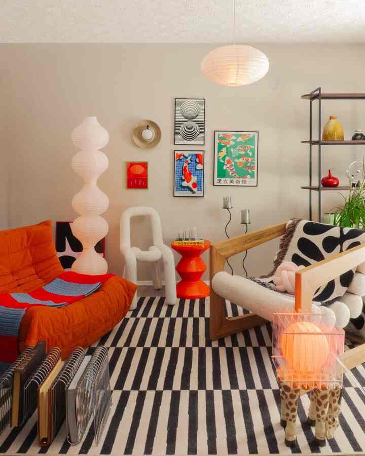 DIY lamp. A striped rug. A room that feels like art.&nbsp;<br><br>Credit: @haikettua_atl

#DIYDesign #ModernHome #ArtfulInteriors #InteriorInspo #BoldDecor #StatementPieces #HomeDecorInspo #PatternPlay #LightingDesign