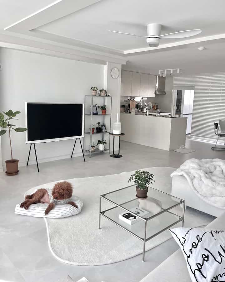 白とアイボリー調のリビング、不整形のラグとガラステーブルが配置されたモノトーンのミッドセンチュリーモダンな印象的な空間