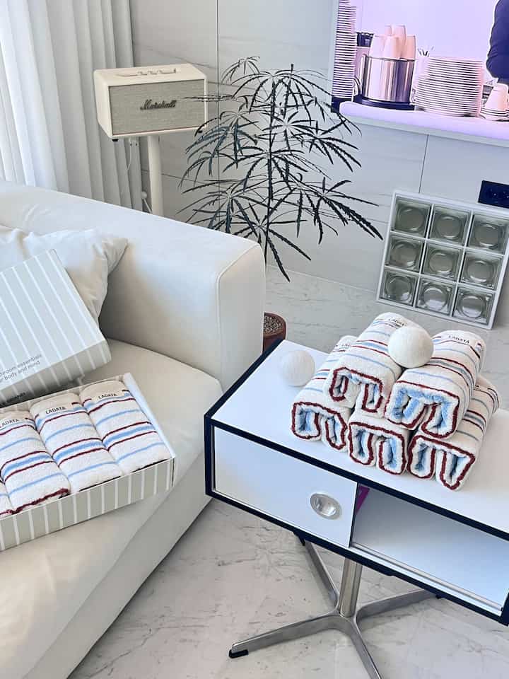 White modern bathroom space featuring towels, white console table, sofa, and a potted plant in a clean arrangement