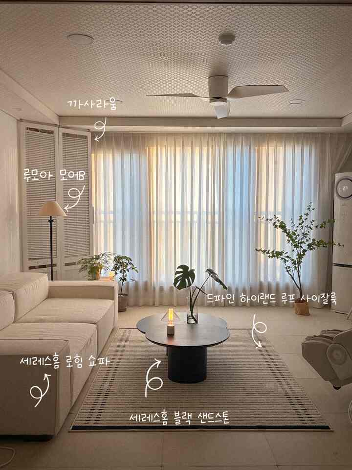 アイボリーとベージュのトーンのリビング、クリーム色のソファと小さなテーブル、植物が落ち着いた雰囲気を作る空間