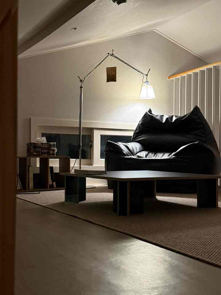 Cozy single living room featuring a black bean bag and modern floor lamp on beige rug flooring