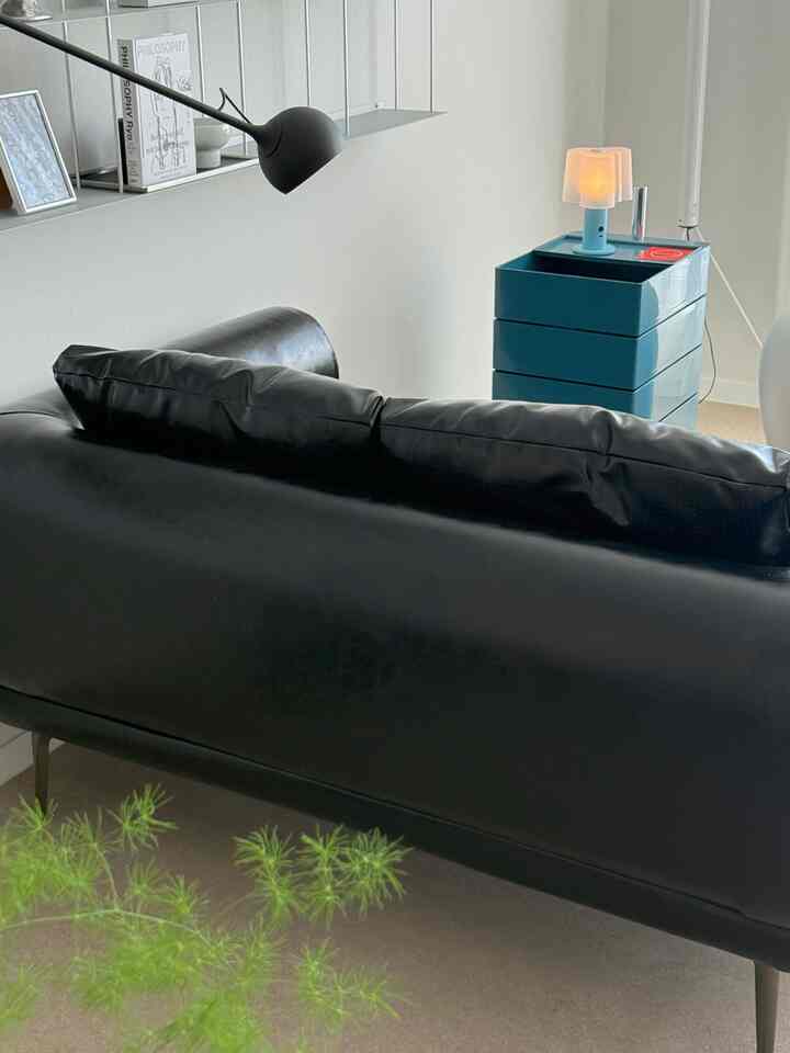Minimal living room interior featuring a black leather sofa and modern floor lamp