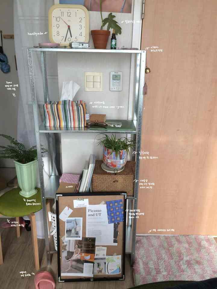 白い壁とベージュの扉があるワンルーム、金属製の棚、緑のスツール、ラタンのバスケットが配置された雰囲気のある収納空間