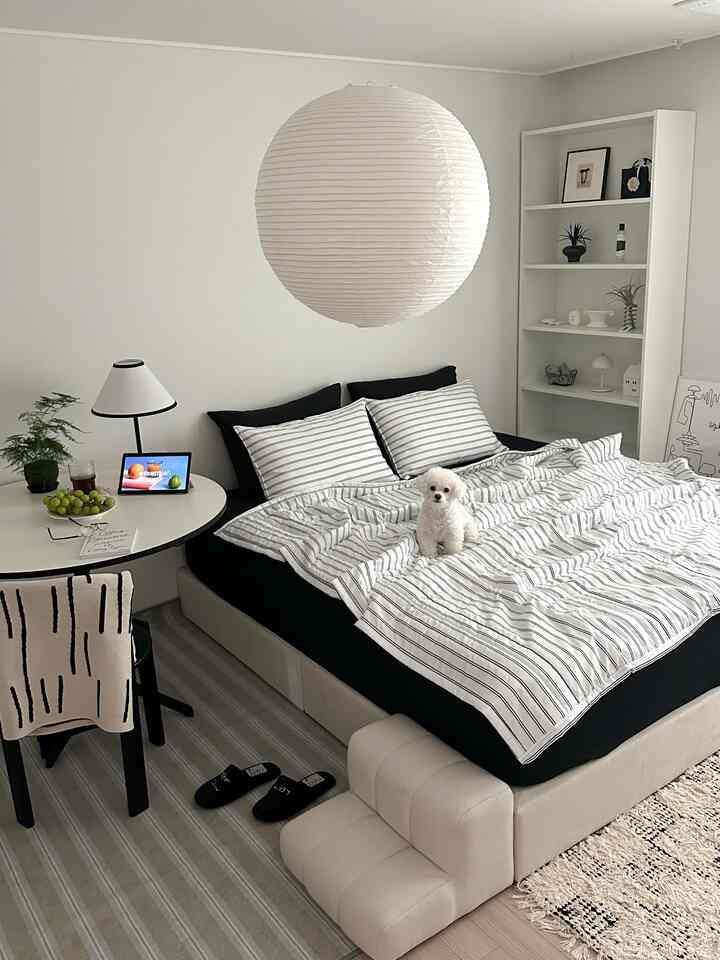白黒のモノトーン寝室、ストライプ寝具と犬が配置されたシンプルで落ち着いたインテリア