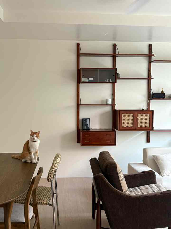 White-walled living room featuring brown wood furniture and a cat sitting on the dining table, creating a cozy atmosphere