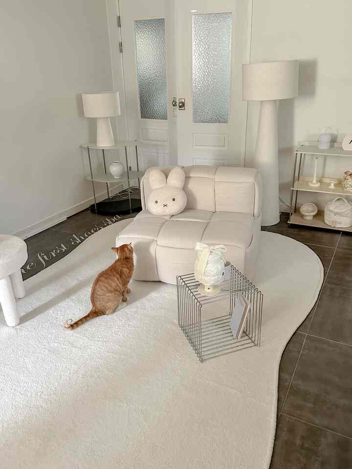 ナチュラルカラーのリビング、クリーム色のソファとラグが置かれ、猫のいるシンプルな空間