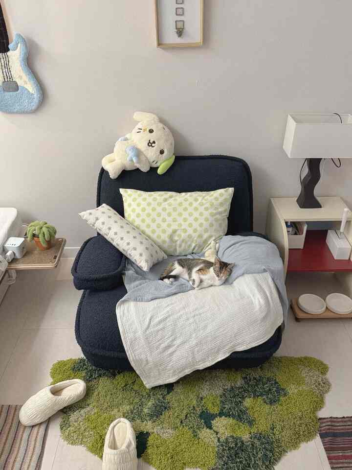 ネイビーのソファと緑のラグが配置されたかわいい一人暮らしのリビング、ソファの上でくつろぐ猫がいる印象的な空間