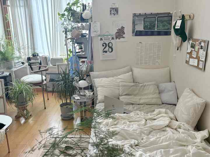 明るいホワイトトーンのワンルーム寝室、ベッドと多くの植物が配置された自然な雰囲気のインテリア