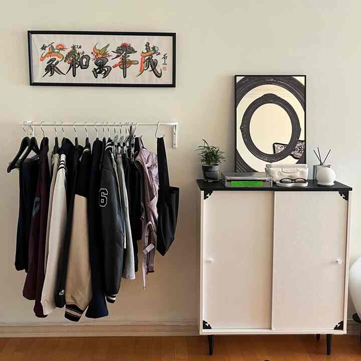 白い壁と茶色い床の空間で、壁掛けハンガーに服が掛けられ、クローゼットと額縁が配置されたシンプルなインテリア