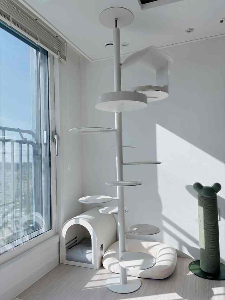 明るい日差しが差し込む白とナチュラルトーンのリビングの一角にキャットタワー、ペットハウス、爪とぎが配置されたミニマルな空間
