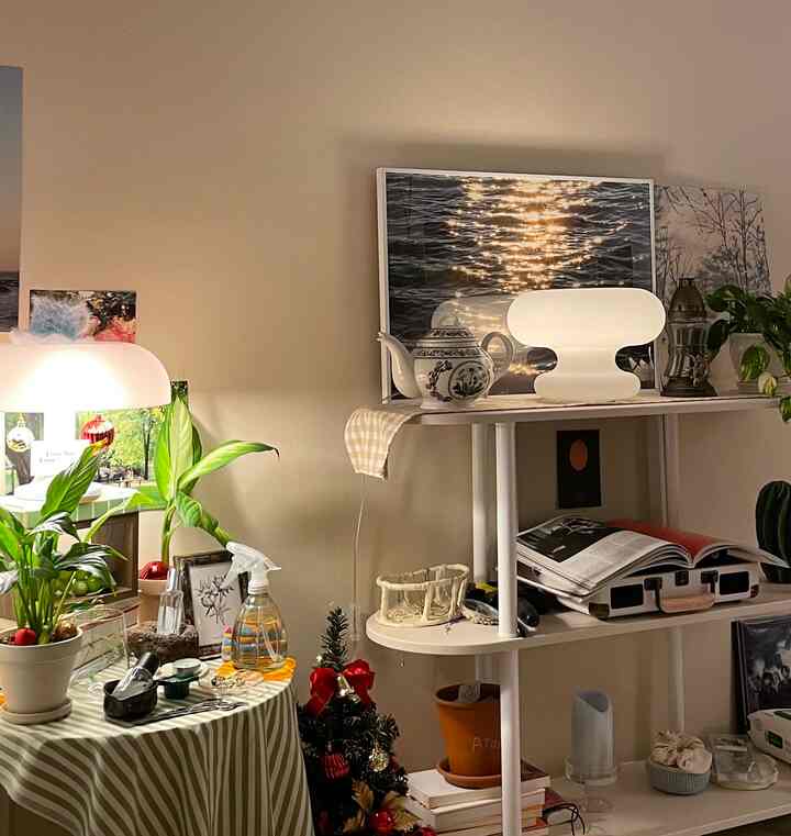 ベージュの壁と白いキャビネットがあるモダンなワンルーム、テーブルランプと植物が調和した温かみのあるインテリア