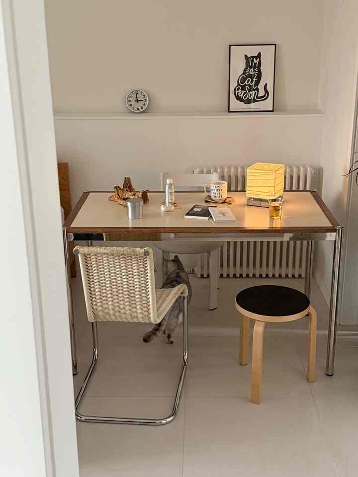White and light brown dining area featuring a cat, a cat-themed poster, and minimalistic home cafe vibe