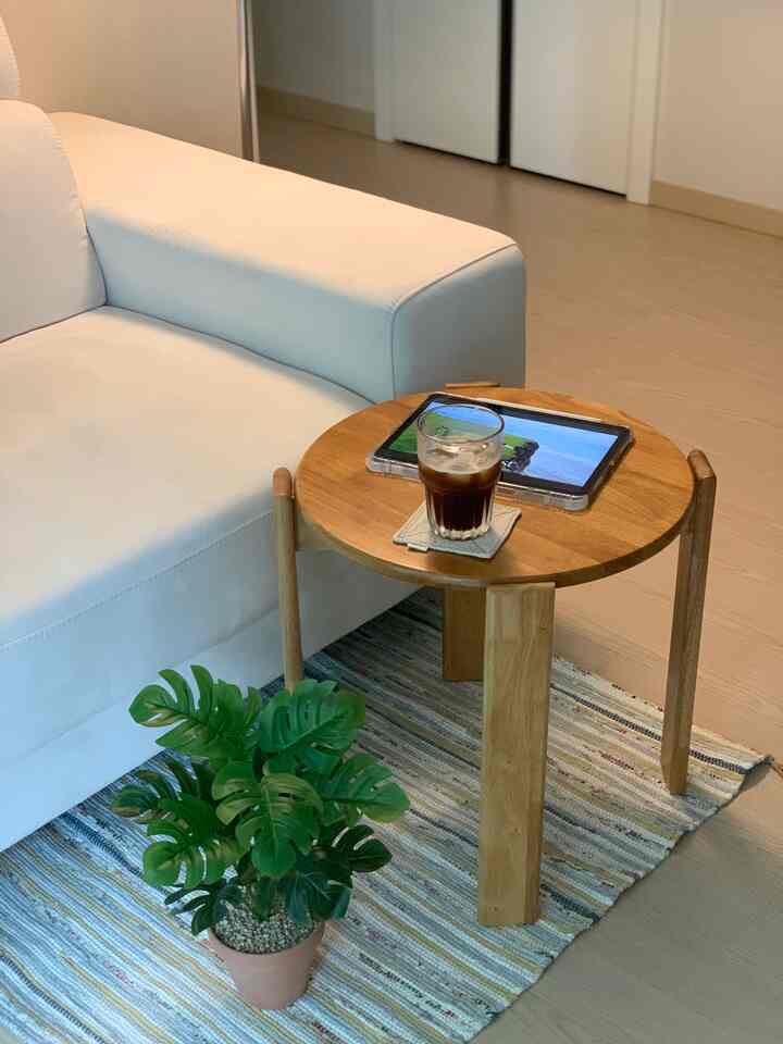 White sofa and wood-toned side table with plant and rug in a cozy living room space