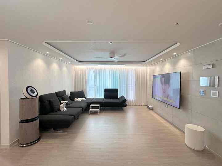 白と黒のトーンのリビング、中央左に大きな黒いソファと2匹の犬がいるシンプルでモダンな空間