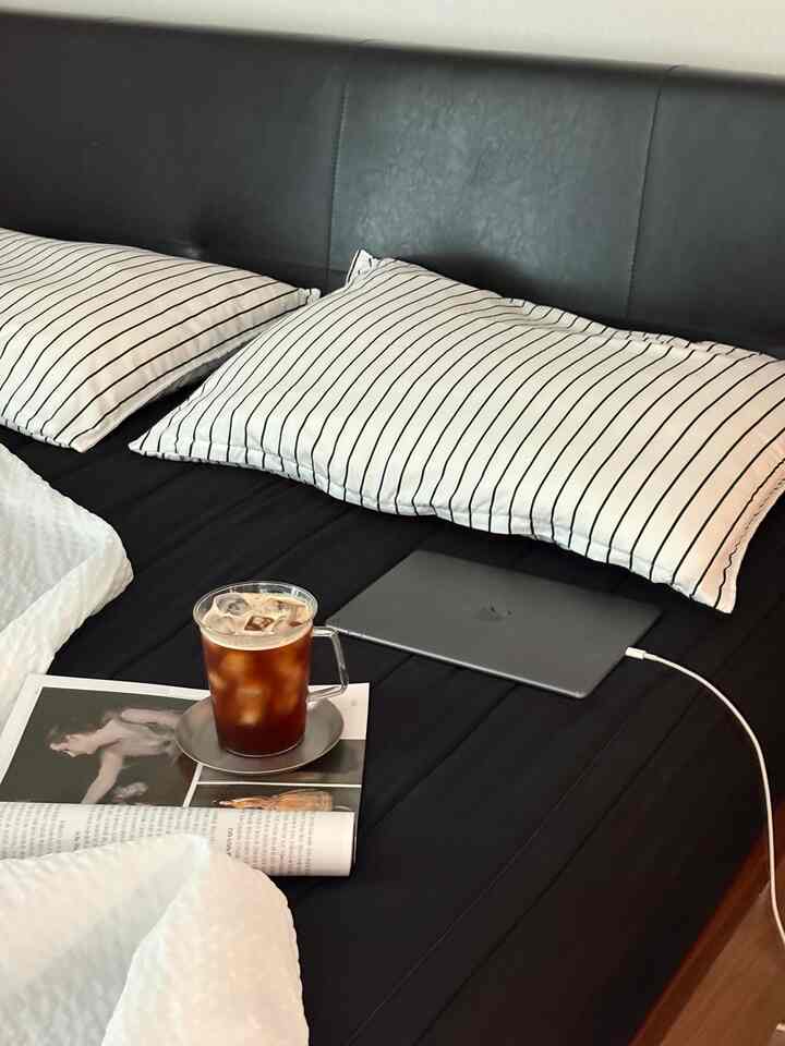 Black and white toned bedroom featuring a modern bed with striped cushions and iced coffee creating a cozy atmosphere