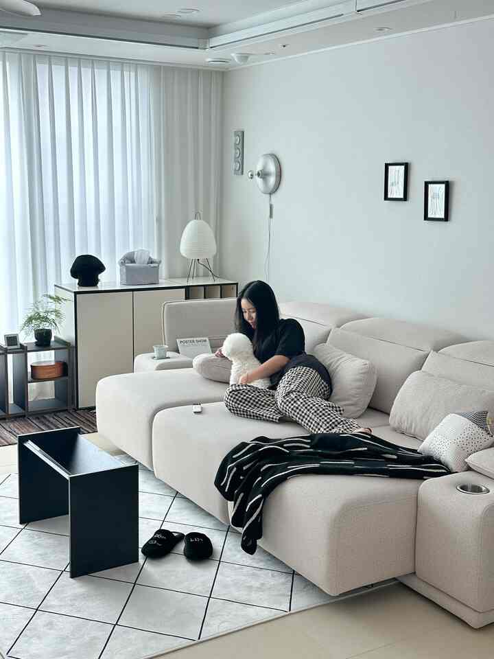 ホワイトとベージュの色調のリビング、広々としたベージュのリクライニングソファとペットの犬がいるシンプルでモダンな空間