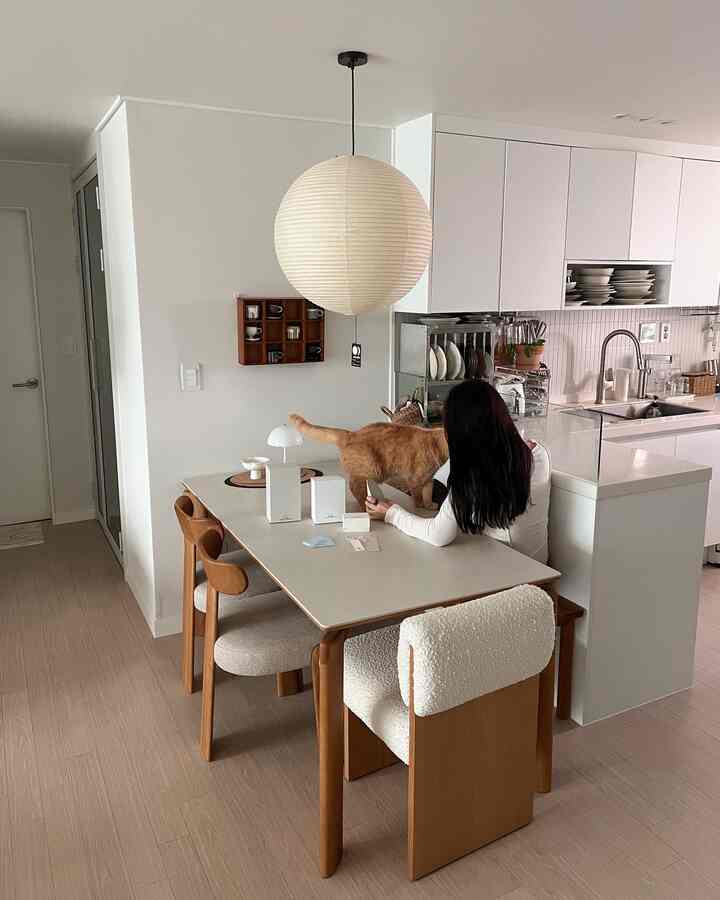White and wood tone dining room featuring three dining chairs, large table, and an orange cat walking on the table in a natural modern interior