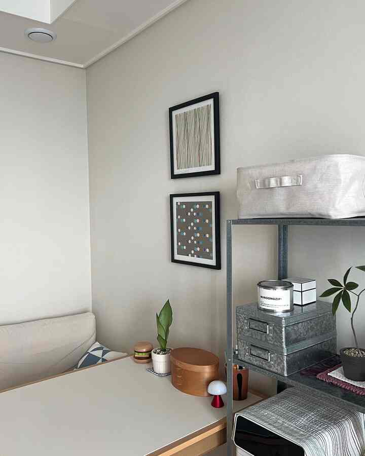 White and natural brown toned small single household room featuring storage shelves, plants, and a minimalist modern desk setup