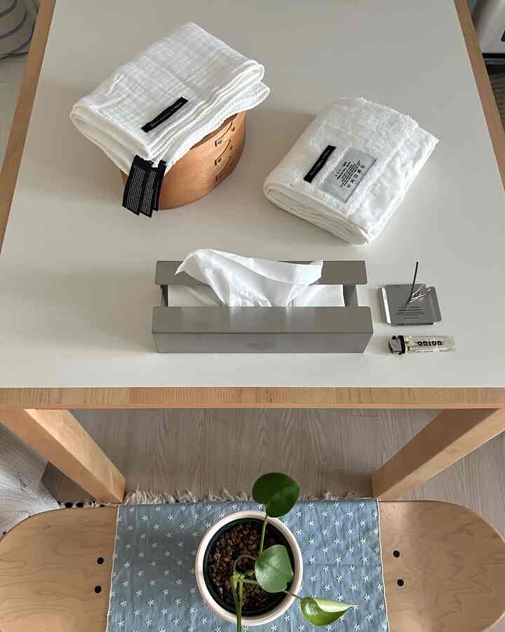白と木目調の調和がとれたダイニングテーブルの上に、タオルとステンレスのティッシュケースが整然と置かれたナチュラルな空間