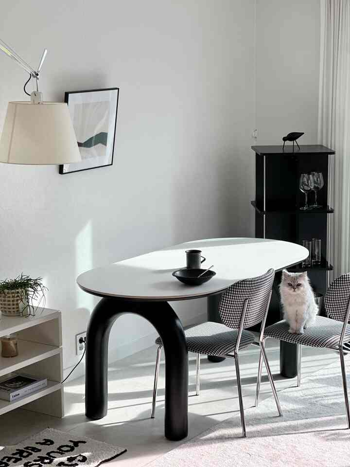 Modern dining room in white and black tones featuring a white oval dining table with checkered chairs, and a cat sitting on one chair