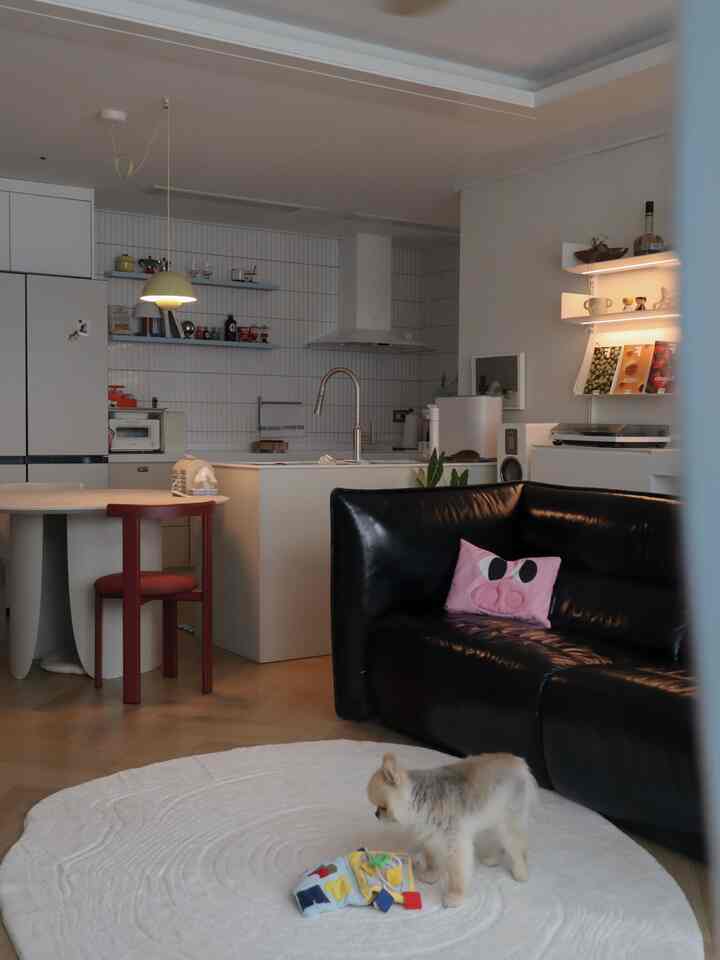 White-toned kitchen and living space featuring black leather sofa and burgundy dining chair in a modern interior