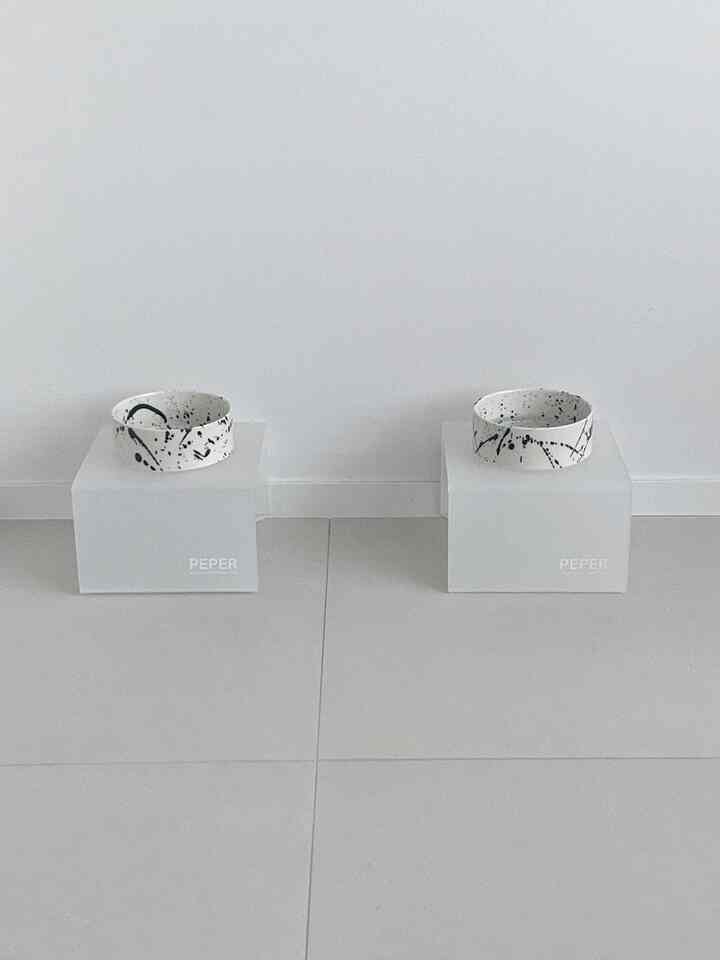 白と透明のトーンの床と壁に、模様のある2つのペットベッドが置かれたミニマルな空間