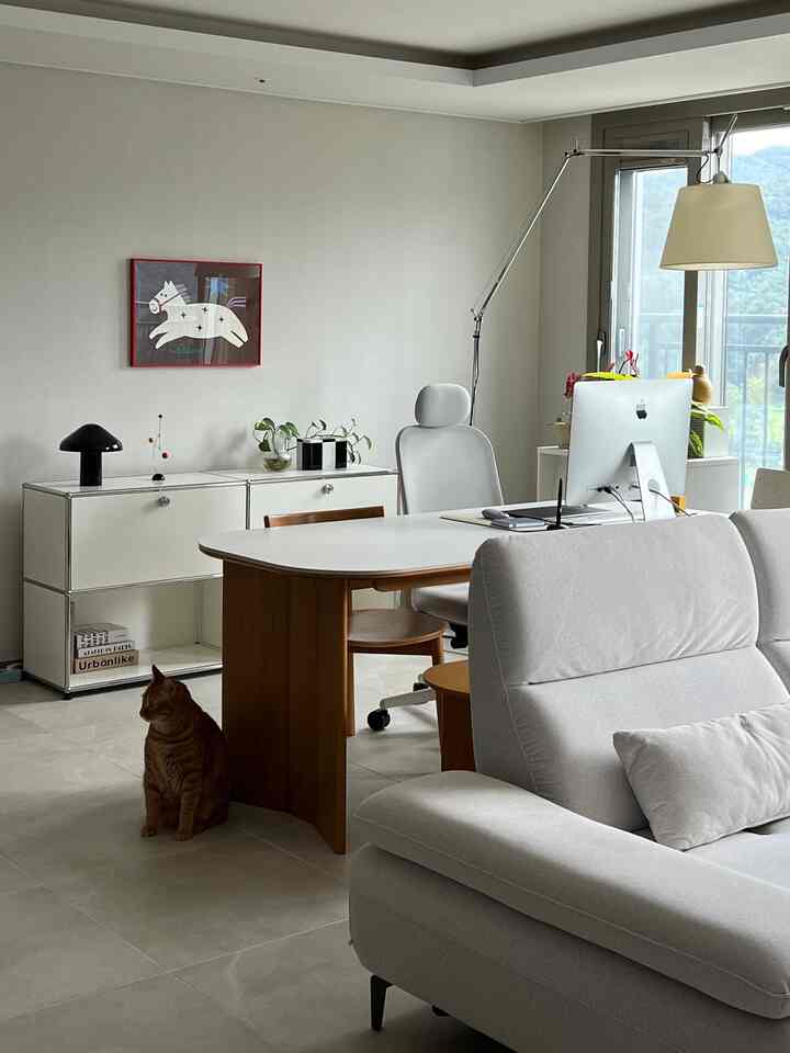 White and brown toned living room home office with wooden dining table, light gray sofa, a cat, and a floor lamp creating a modern atmosphere