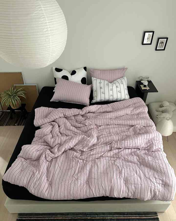 Modern bedroom with pink striped bedding on a black mattress, featuring patterned pillows and a pet dog, creating a cozy atmosphere