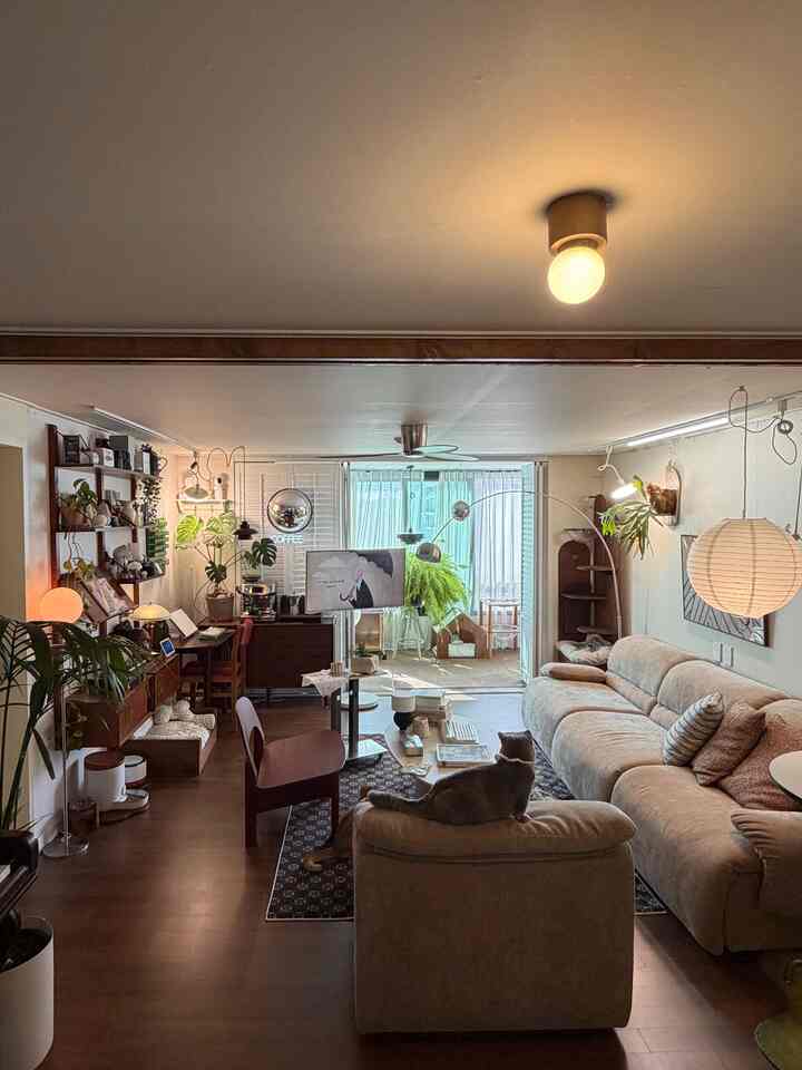 ナチュラルなブラウン色調のリビング、ベージュのソファとフロアランプ、多くの植物と2匹の猫がいる雰囲気のあるインテリア