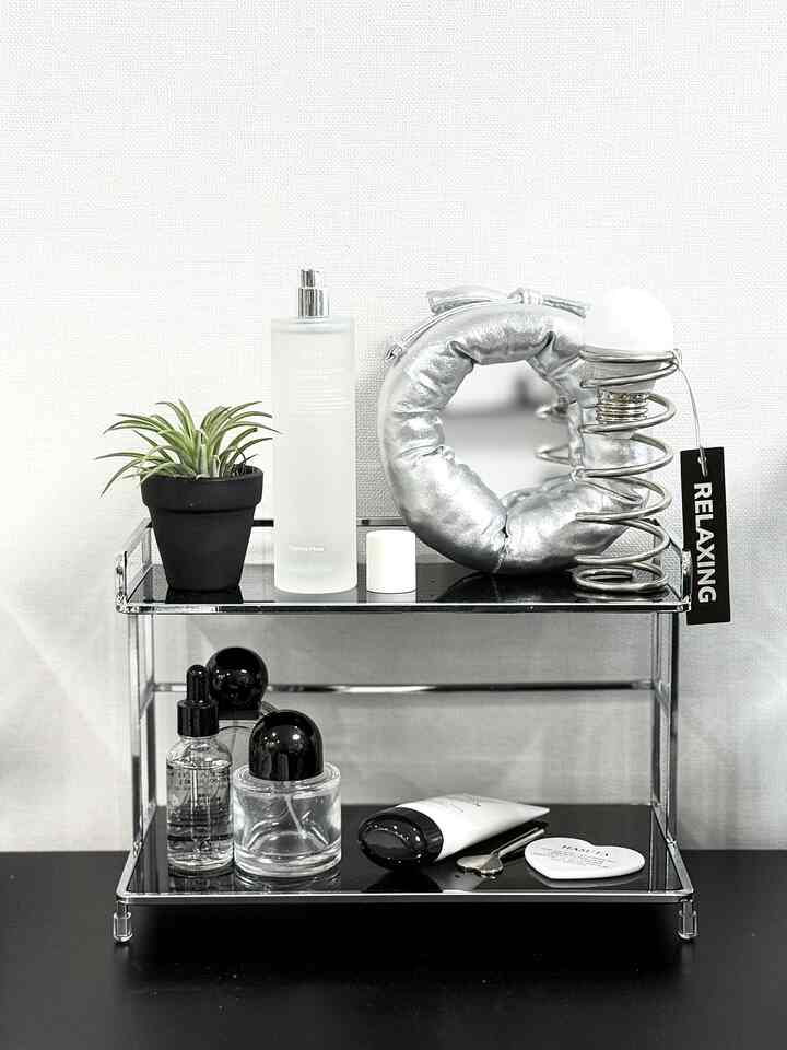 ブラックとシルバーのトーンでまとめられたミニマルな化粧台の棚、化粧品と植物が整頓された雰囲気のあるインテリア