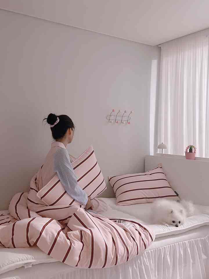 ホワイトとピンクの色調の寝室、ストライプ柄の寝具とカーテンが配置された一人暮らし向けの落ち着いた空間