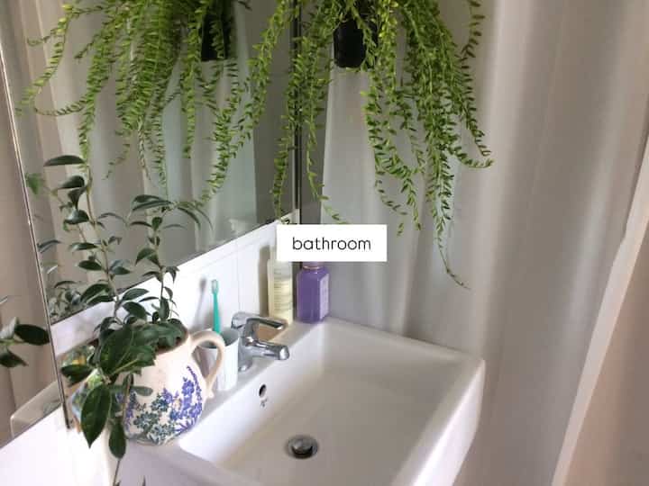 白を基調としたバスルーム、洗面台横に鉢植えが置かれ、上部に吊り下げられた観葉植物がある雰囲気のあるインテリア