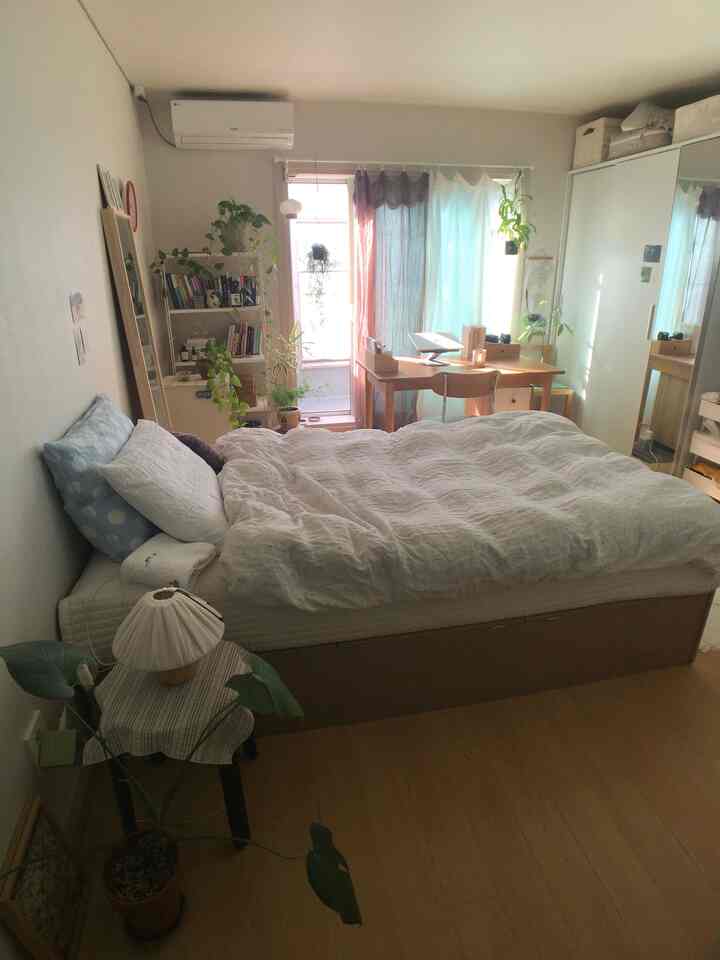 白を基調とした壁と木目調の床に、中央にベッドと窓際の机、ワードローブが配置された居心地の良い8坪のワンルーム寝室インテリア