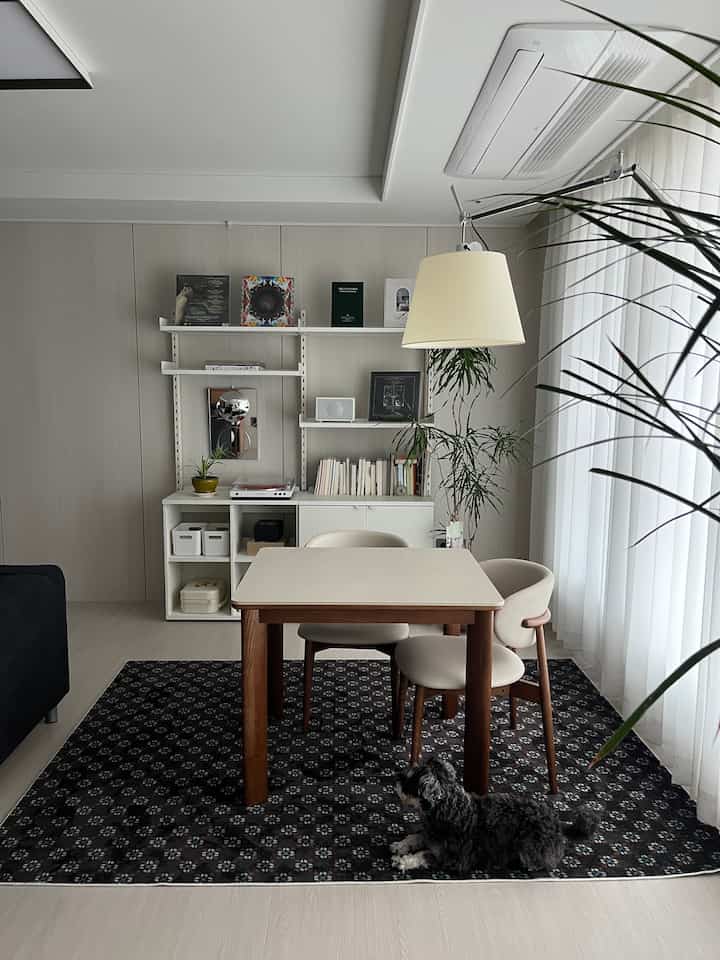 ナチュラルトーンのリビング兼ダイニングルーム、中央にダイニングテーブルと椅子が配置され、ラグと犬がいる清潔感のある空間