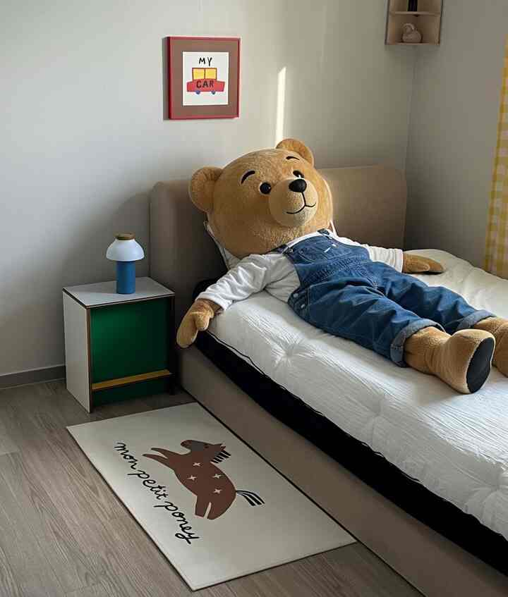 ベージュと白を基調とした子供部屋、大きなクマのぬいぐるみがベッドに置かれ、黄色のチェックカーテンが温かみのある雰囲気を醸し出す空間