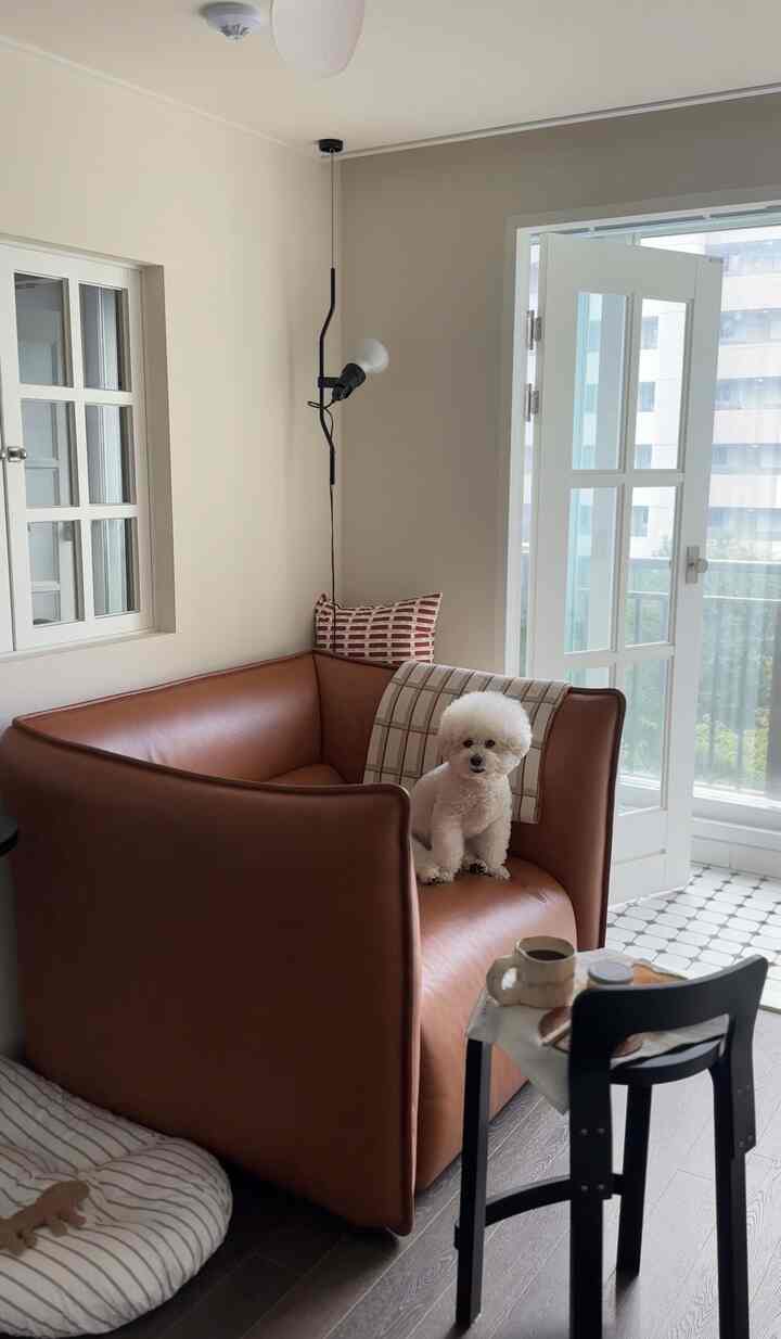 白い壁とブラウンのレザーソファが配置されたリビング、ソファに座る小型犬がいる自然でモダンなインテリア