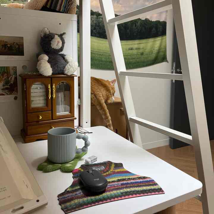 ホワイトトーンの居心地の良い寝室、白い二段ベッドの横に猫とファブリックポスター、机の上にマウスとカップが配置された空間