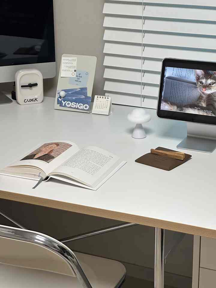 白を基調としたホームオフィス、机上に本とモニター、猫の写真が配置されたシンプルモダンな雰囲気のインテリア