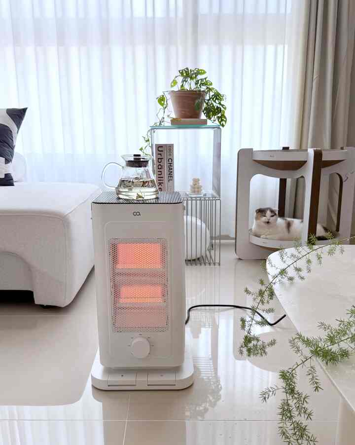 白を基調としたリビング、電気ヒーターと猫用ハウスが配置されたシンプルで温かみのあるインテリア